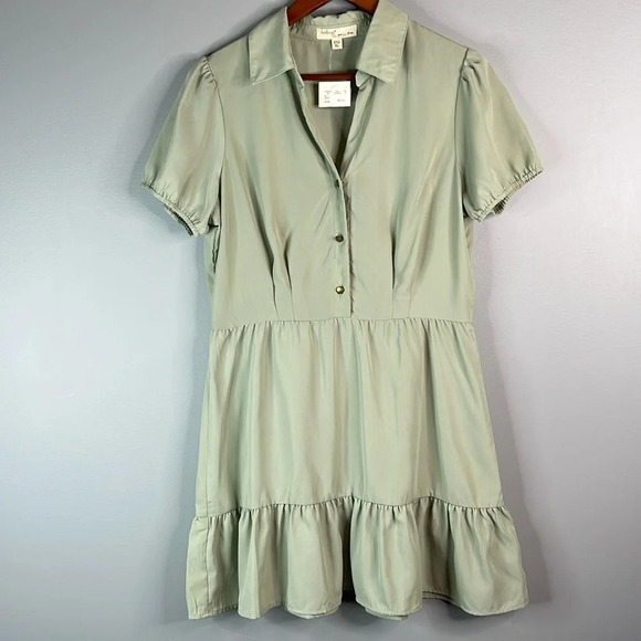 BEBOP NWT Sage Green Ruffle Short Puff Sleeve Dress Button Front Childhood XL - Picture 11 of 11